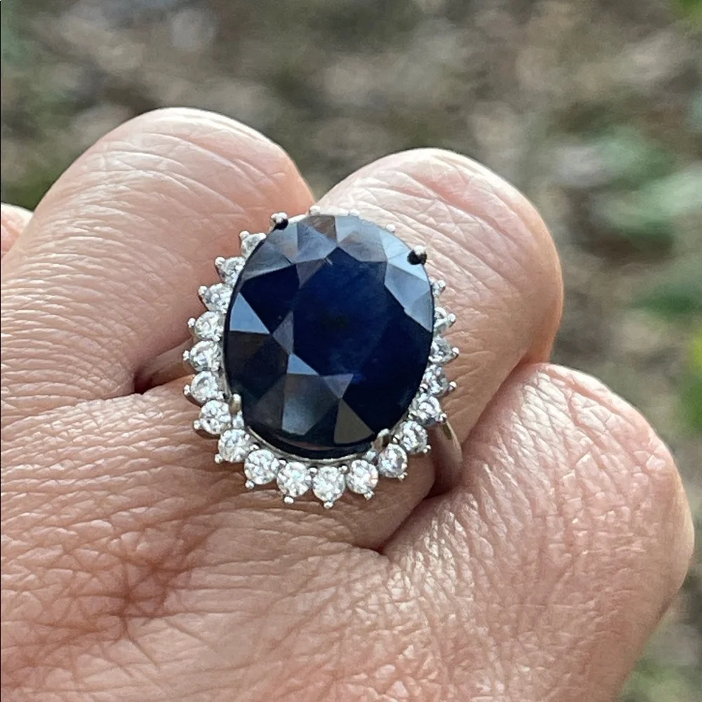 NWT Natural Sapphire 16X13mm CZ accents Statement Ring S10 Unheated/ Untreated - Picture 12 of 14